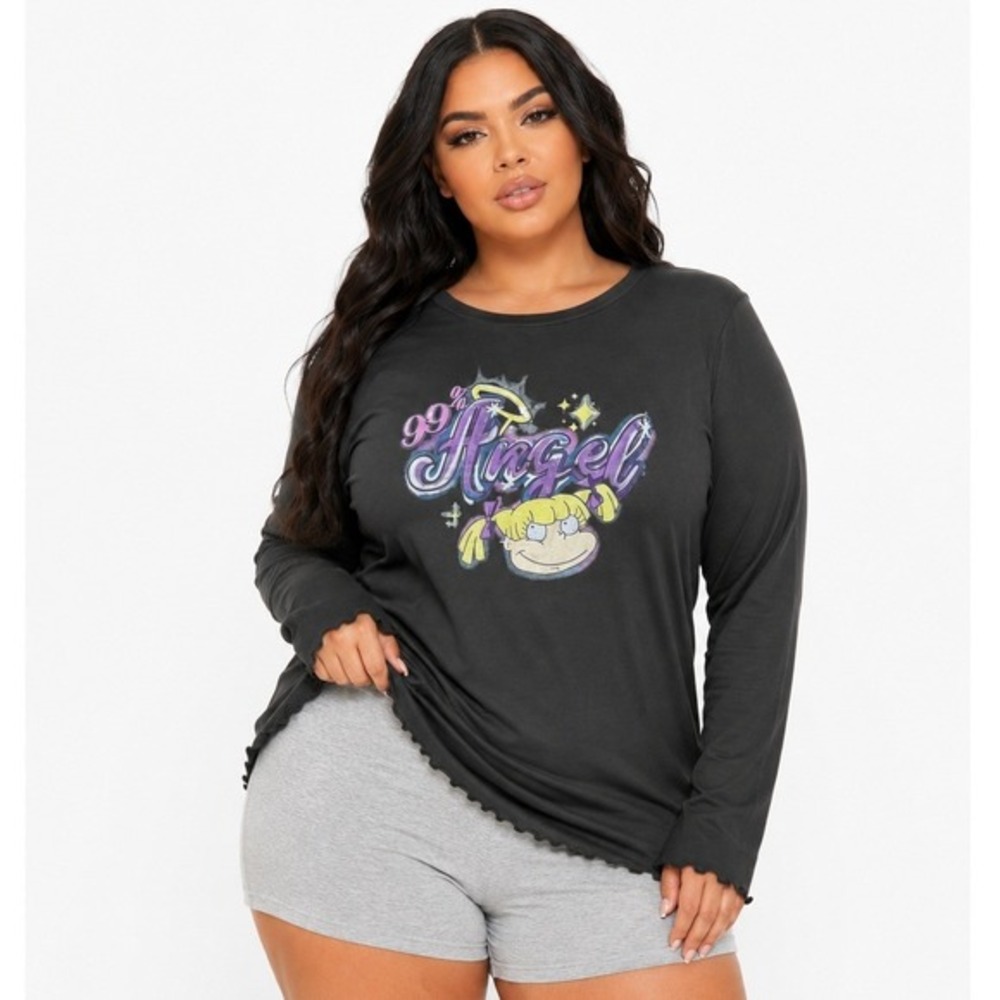 Torrid Rugrats Angelica 99% Angel Long Sleeve Slim Fit Tee Grey Plus Size 2 2X